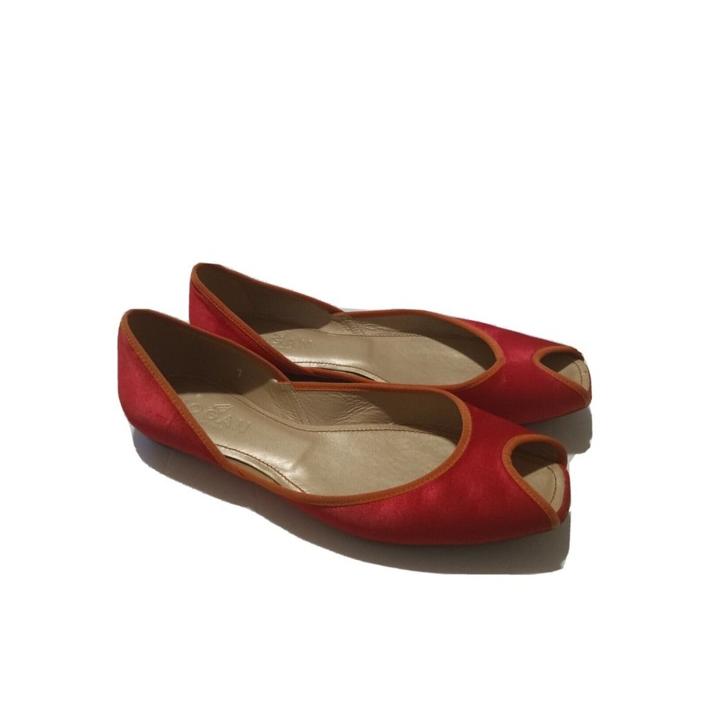 Hogan Red Coguette Fabric with Orange Trim Peep Toe Ballet Flats US 7 EUR 37.5